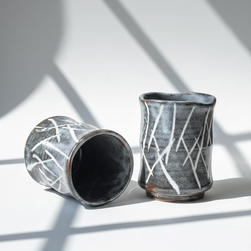 Handmade Mino-yaki Yunomi Teacup | Iguchi Shirakaba Stripe Gray | Hand-Painted Nezumi Shino Art Pottery [Made-to-Order]