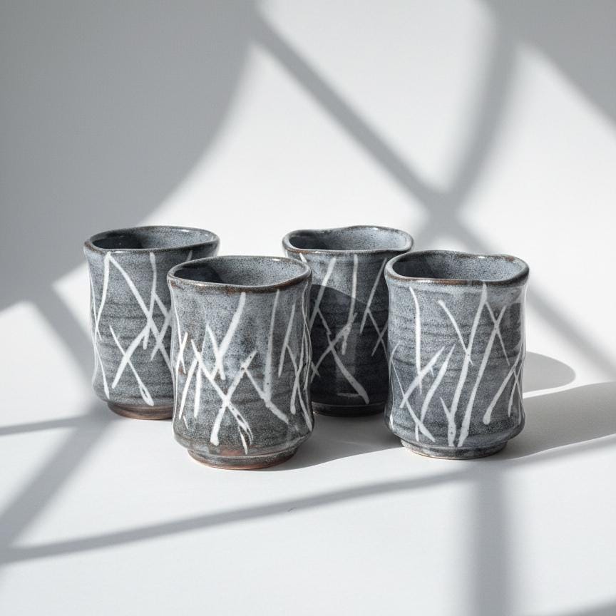 Handmade Mino-yaki Yunomi Teacup | Iguchi Shirakaba Stripe Gray | Hand-Painted Nezumi Shino Art Pottery [Made-to-Order]