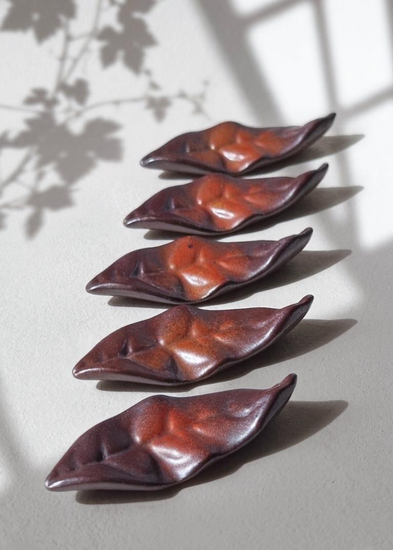 Japanese Leaf Shaped Ceramic Chopstick Rests, Authentic Mino Ware from Toki City Gifu, Handmade Clay Leaf Hashioki, Zen Decor