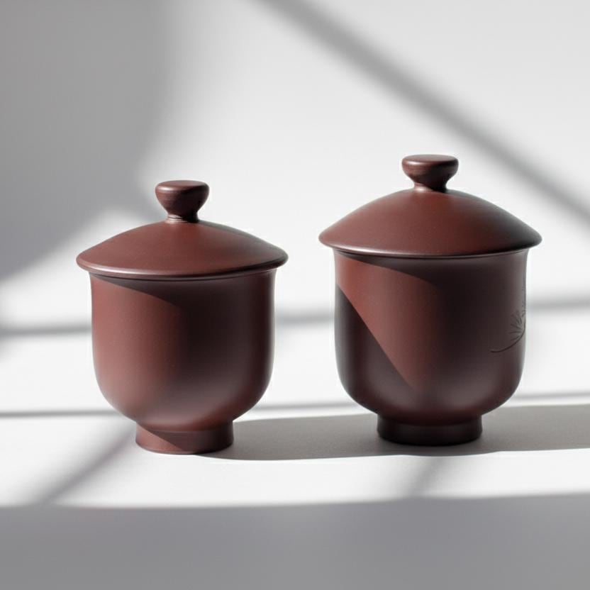 Lidded Banko Ware Clay Teacup Set | Hand-Carved Pine Design | Japanese Yunomi Set of 2 | Meoto Tea Set with Lids