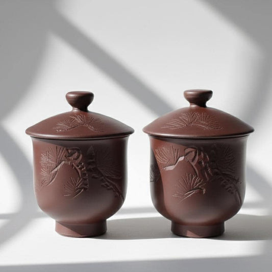 Lidded Banko Ware Clay Teacup Set | Hand-Carved Pine Design | Japanese Yunomi Set of 2 | Meoto Tea Set with Lids