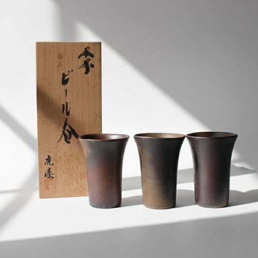 Set of 3 Bizen-yaki Beer Tumblers & Teacups | Handcrafted Japanese Bizen Ware | Iron-Rich Unglazed Stoneware with Original Box
