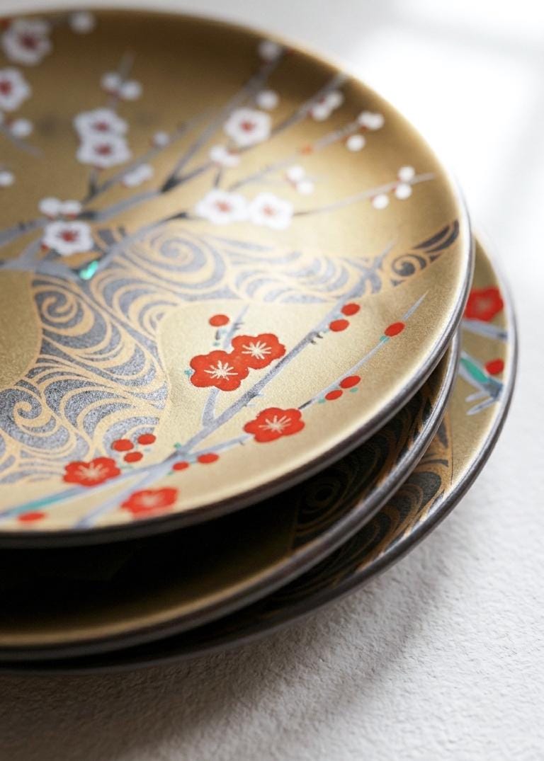 Japanese Rimpa Style Gold Plum Blossom Small Plate - Ogata Korin Inspired Mamezara - Mid-Century Modern Japanese Ceramic - Sold Individually