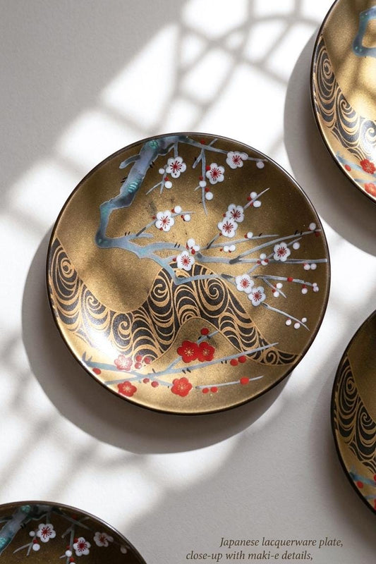 Japanese Rimpa Style Gold Plum Blossom Small Plate - Ogata Korin Inspired Mamezara - Mid-Century Modern Japanese Ceramic - Sold Individually
