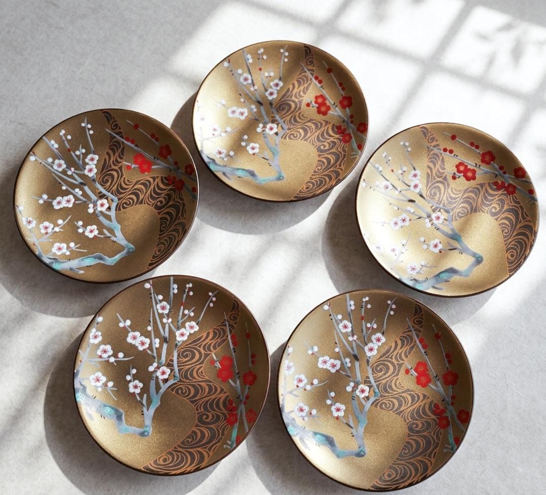 Japanese Rimpa Style Gold Plum Blossom Small Plate - Ogata Korin Inspired Mamezara - Mid-Century Modern Japanese Ceramic - Sold Individually