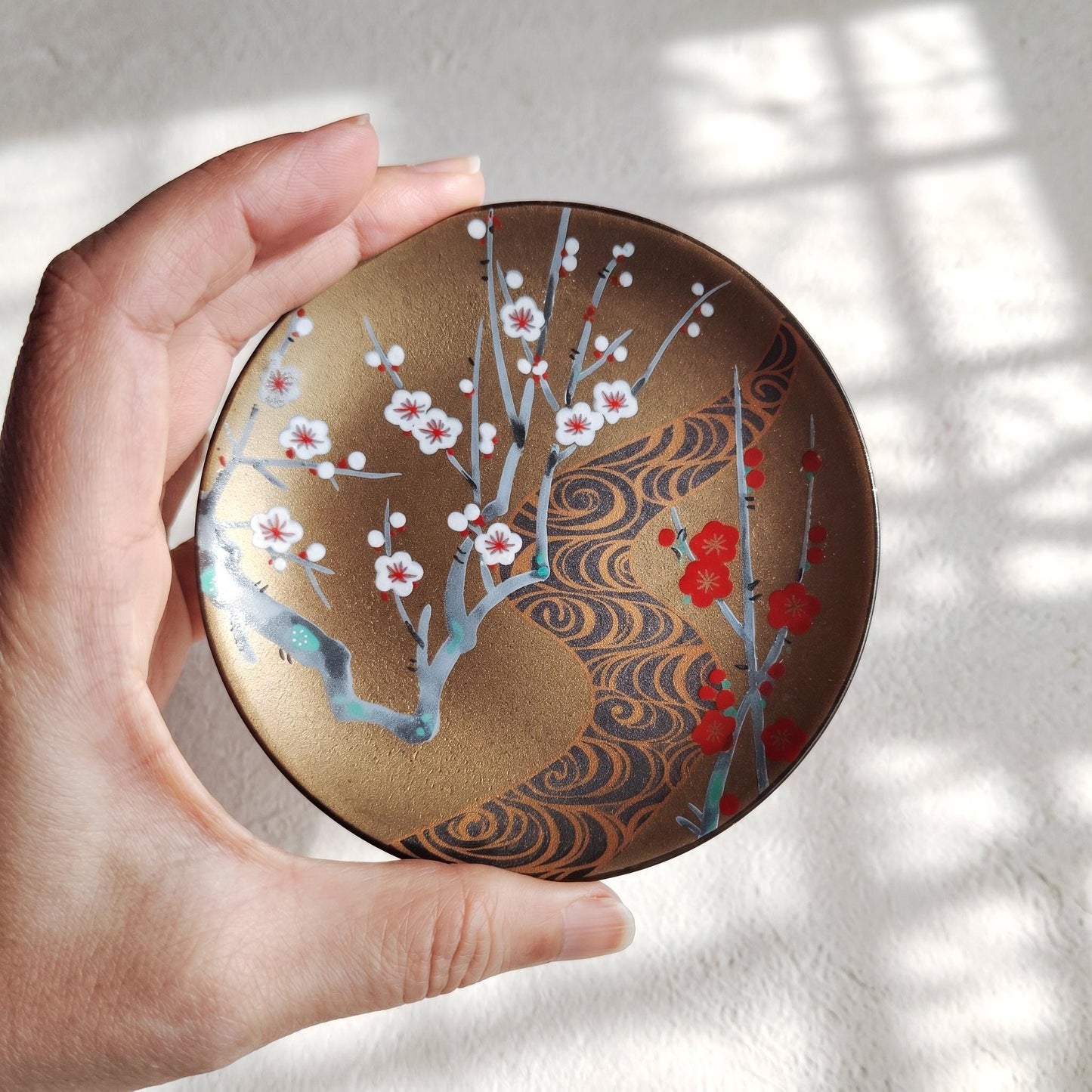 Japanese Rimpa Style Gold Plum Blossom Small Plate - Ogata Korin Inspired Mamezara - Mid-Century Modern Japanese Ceramic - Sold Individually