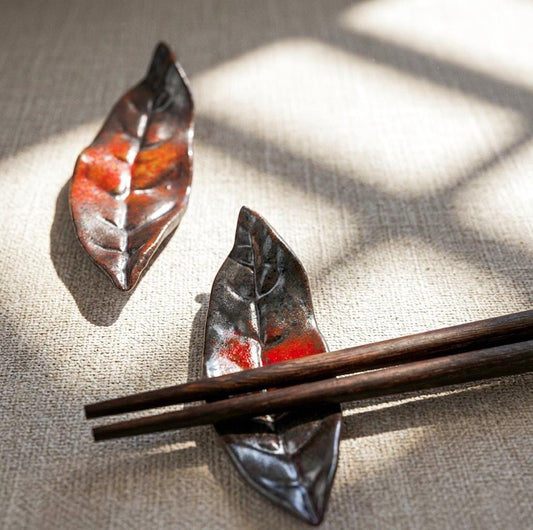 Japanese Leaf Shaped Ceramic Chopstick Rests, Authentic Mino Ware from Toki City Gifu, Handmade Clay Leaf Hashioki, Zen Decor