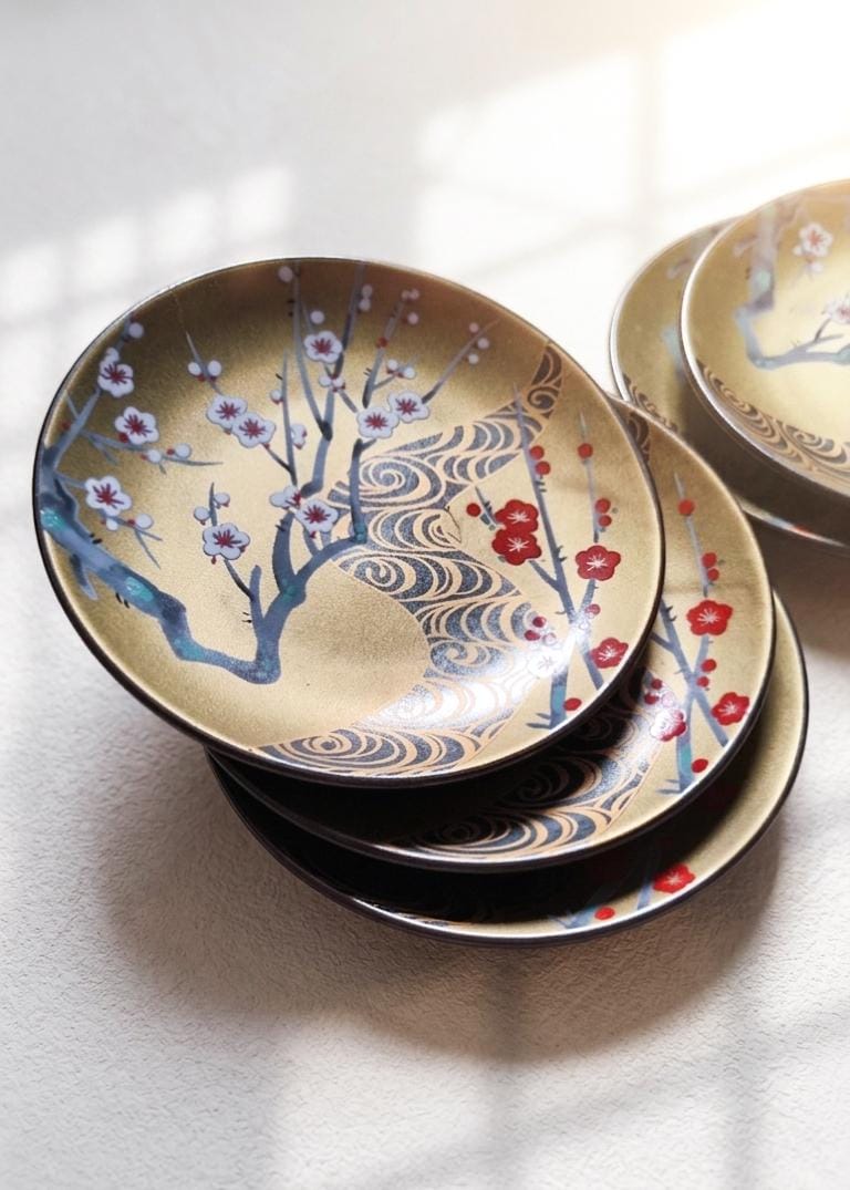 Japanese Rimpa Style Gold Plum Blossom Small Plate - Ogata Korin Inspired Mamezara - Mid-Century Modern Japanese Ceramic - Sold Individually